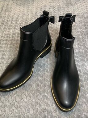 kate spade Black Chelsea Rain Boots with Gold Accent